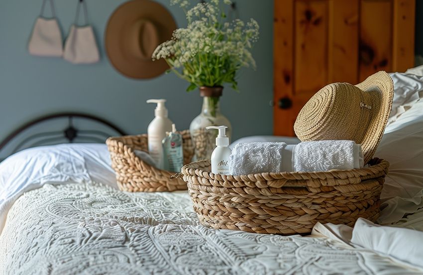 Guest room essentials like towels and water bottles in a basket.